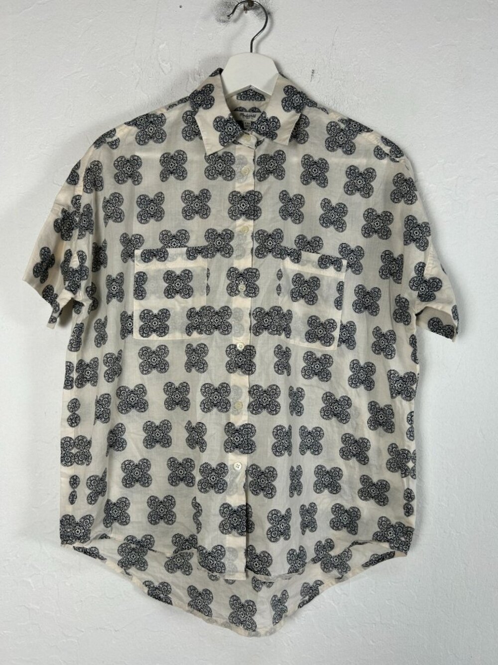 Madewell Women’s White Black Floral Short Sleeve Button-Up Camp Shirt Top XXS